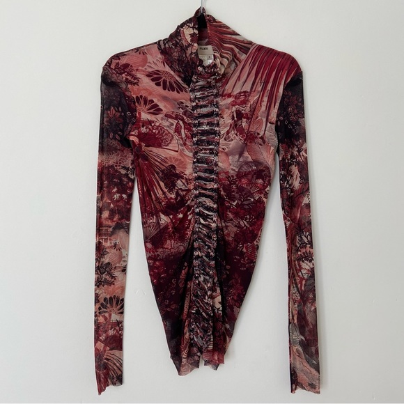 Fuzzi Tops - Fuzzi Mesh Sheer Printed Turtleneck Long Sleeve size Small Red Purple Floral Y2K